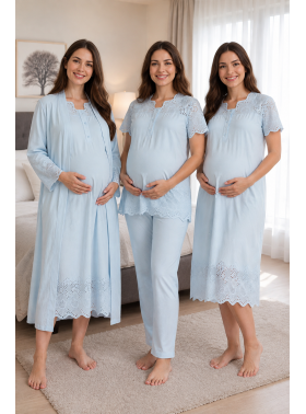 Effortt 9026 Mavi KETEN Detaylı Lohusa Hamile 4lü Set